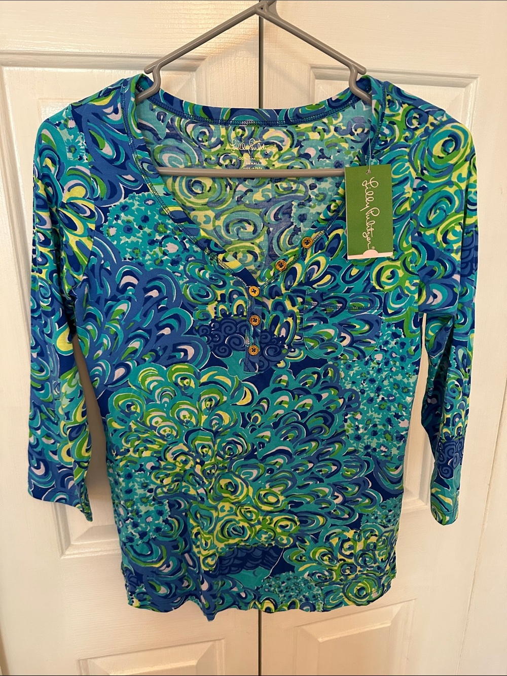 Lilly Pulitzer Teal Blue Green Printed Henley Top NWT